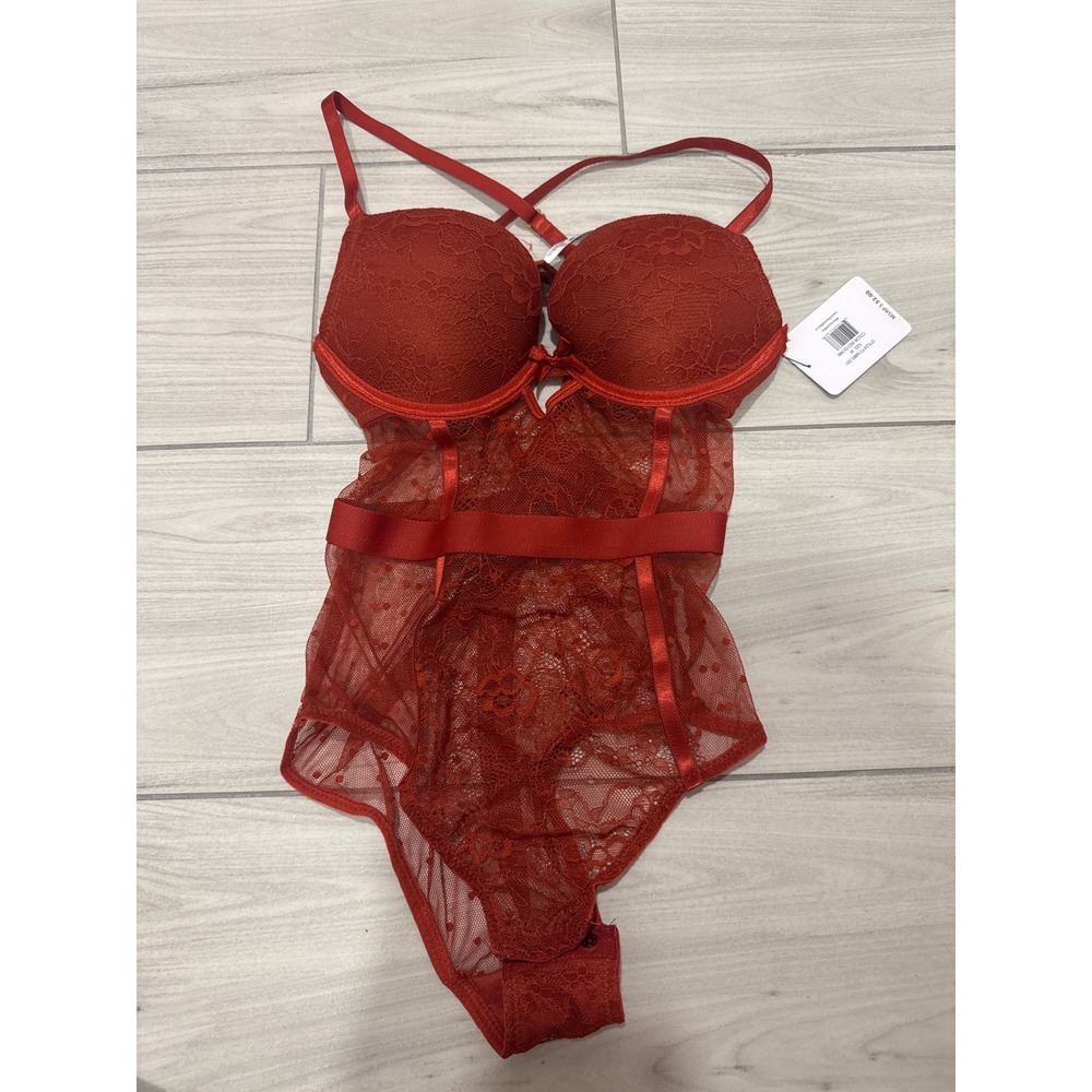 French Affair Red Ochre Lace Swiss Dot Underwire Bodysuit M